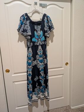Farm Rio Navy Blue Maxi Dress with Turquoise Butterfly Print (Size Large)